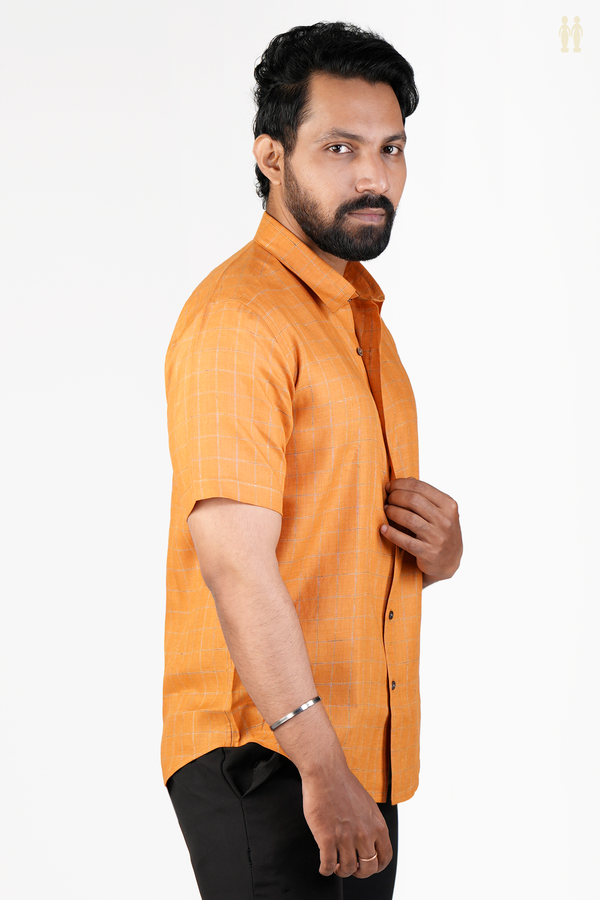 Regular Collar Checks Design Orange Linen Shirt