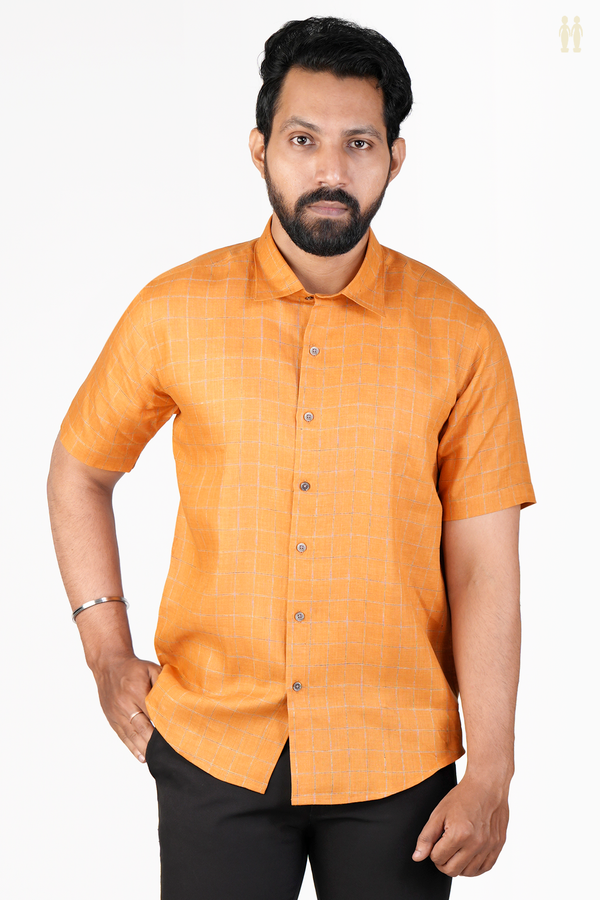 Regular Collar Checks Design Orange Linen Shirt