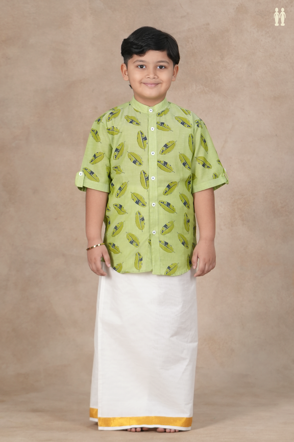 Chinese Collar Leaf Design Sage Green Cotton Shirt