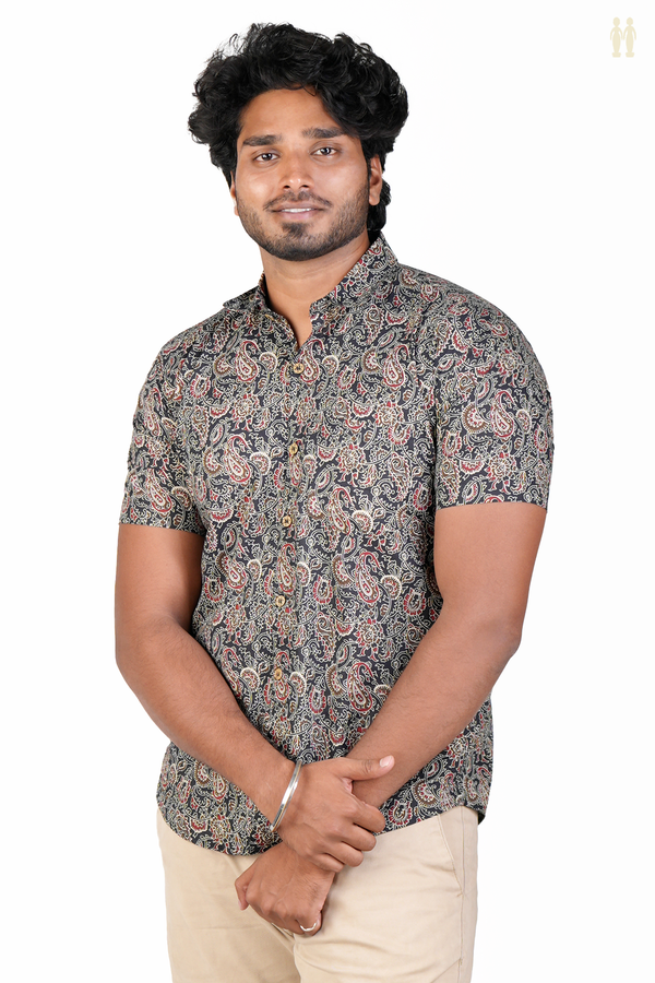 Regular Collar Printed Design Black Cotton Shirt