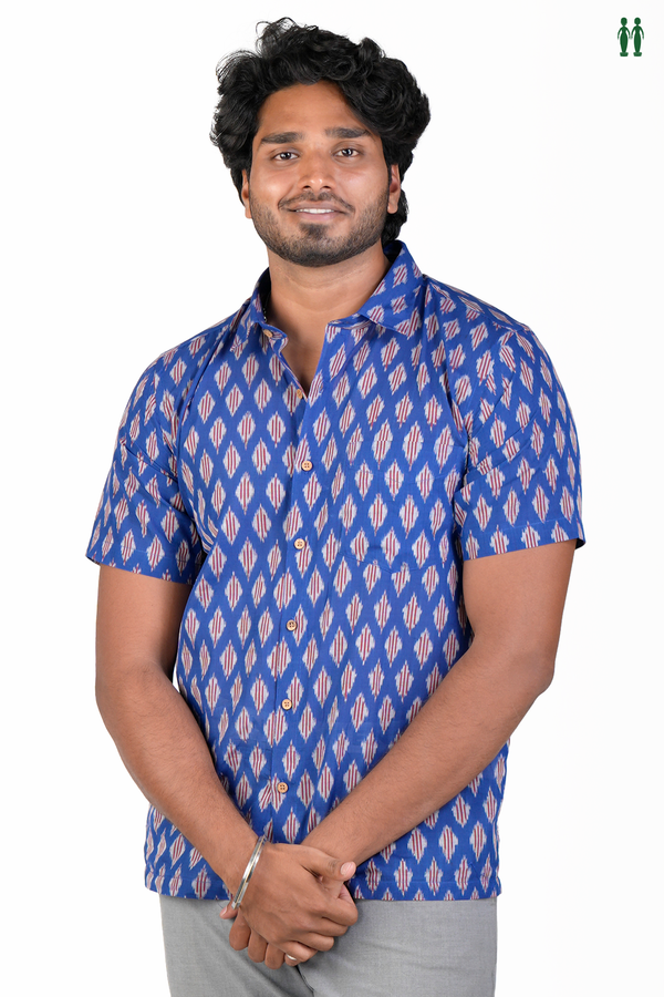 Regular Collar Printed Design Royal Blue Cotton Shirt
