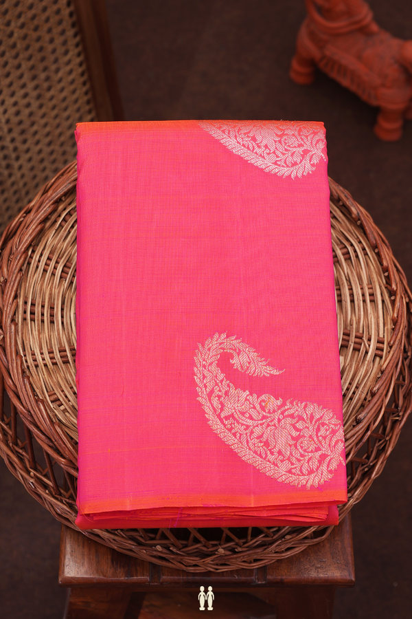 Kanchipuram Silk Saree In Coral Pink With Paisley Design