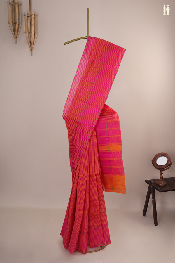 Koorainadu Cotton Saree In Pink And Orange With Checks Design