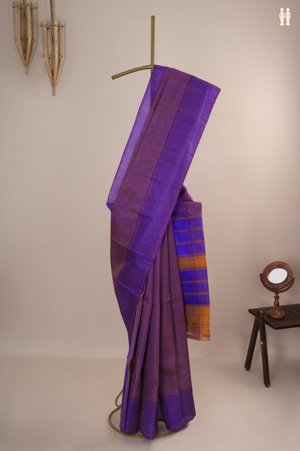 Koorainadu Silk Cotton Saree In Purple And Orange With Checks