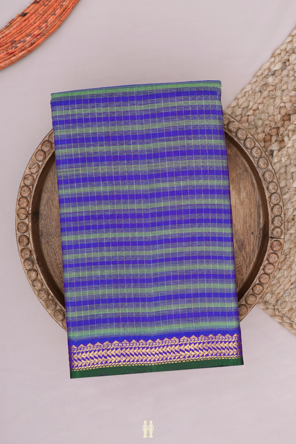 Kanchipuram Silk Saree In Green And Blue With Stripes Design