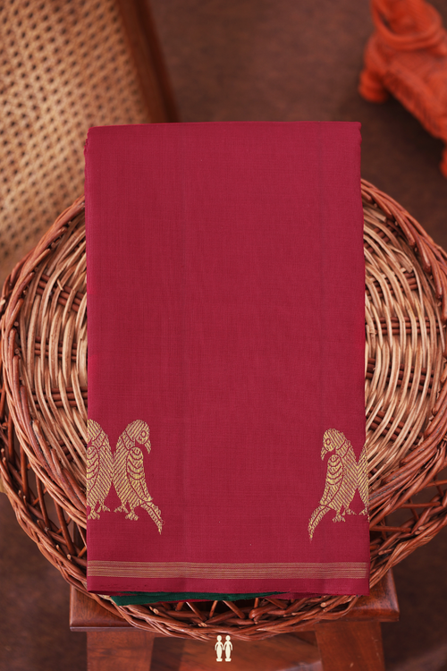 Kanchipuram Silk Saree In Ruby Red With Parrot Border
