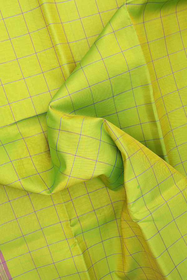 Kanchipuram Silk Saree In Lime Green With Checks Design