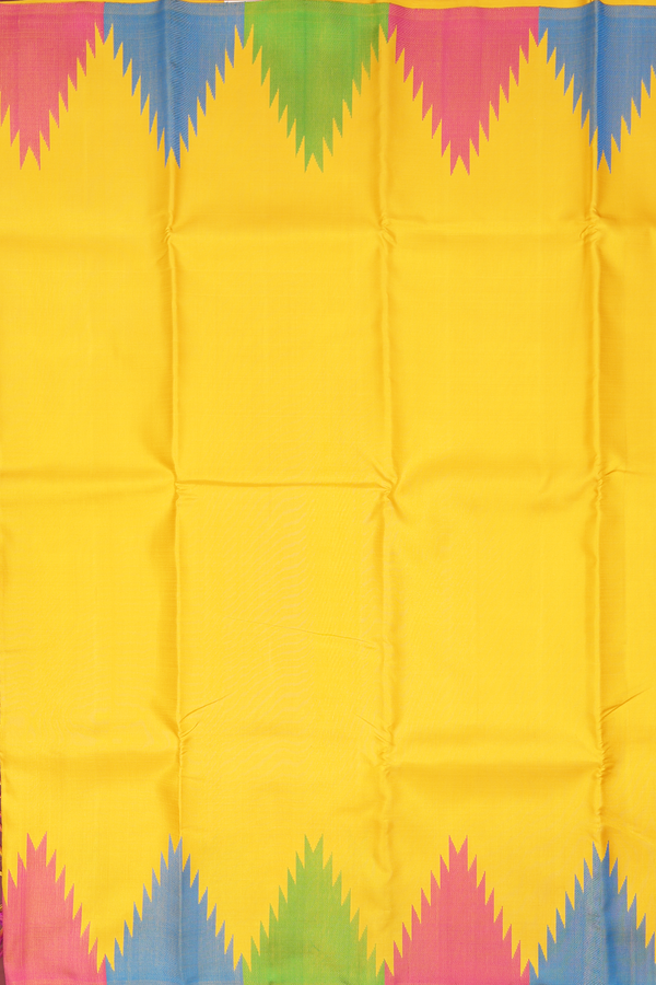 Kanchipuram Silk Saree In Saffron Yellow With Temple Border