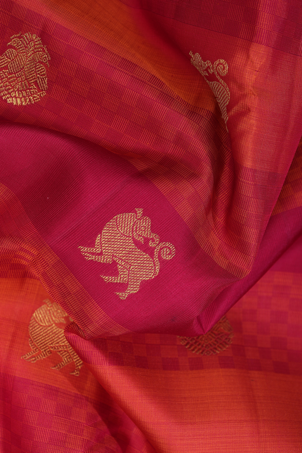 Kanchipuram Silk Saree Orange Red Stripes Along With Buttas
