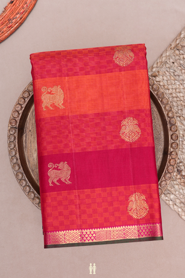 Kanchipuram Silk Saree Orange Red Stripes Along With Buttas