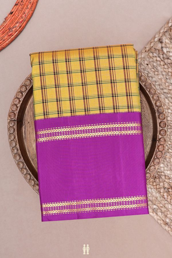 Kanchipuram Silk Saree In Honey Yellow With Checks Design