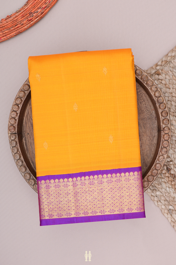 Kanchipuram Silk Saree In Royal Orange With Zari Buttas