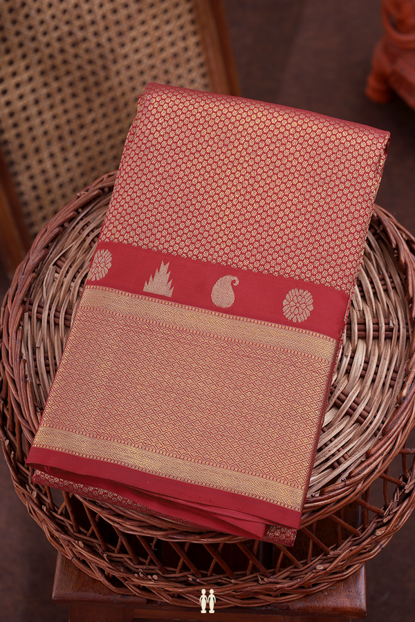 Kanchipuram Silk Saree In Scarlet Red With Brocade Design