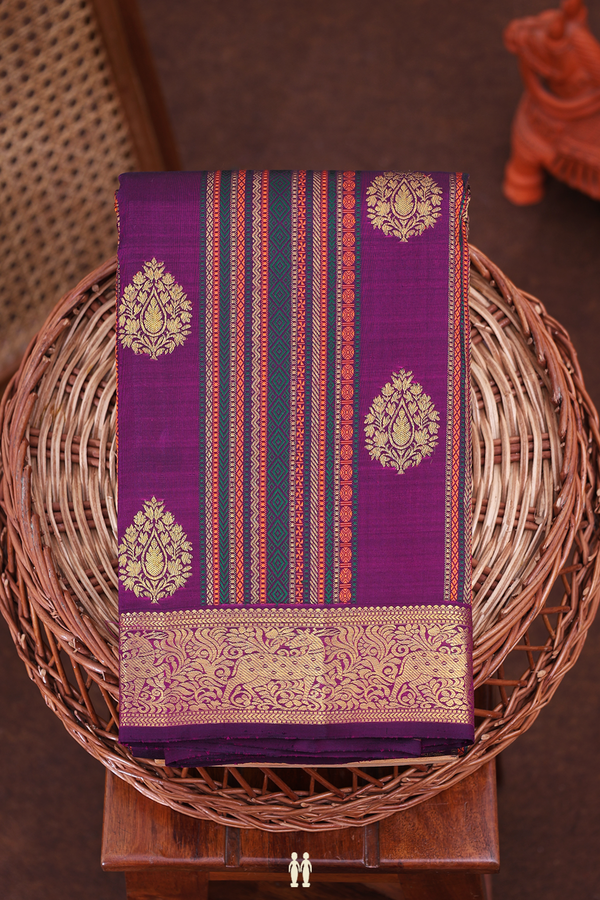 Kanchipuram Silk Saree Grape Purple With Stripes Along Buttas