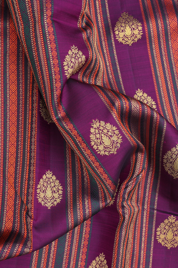 Kanchipuram Silk Saree Grape Purple With Stripes Along Buttas