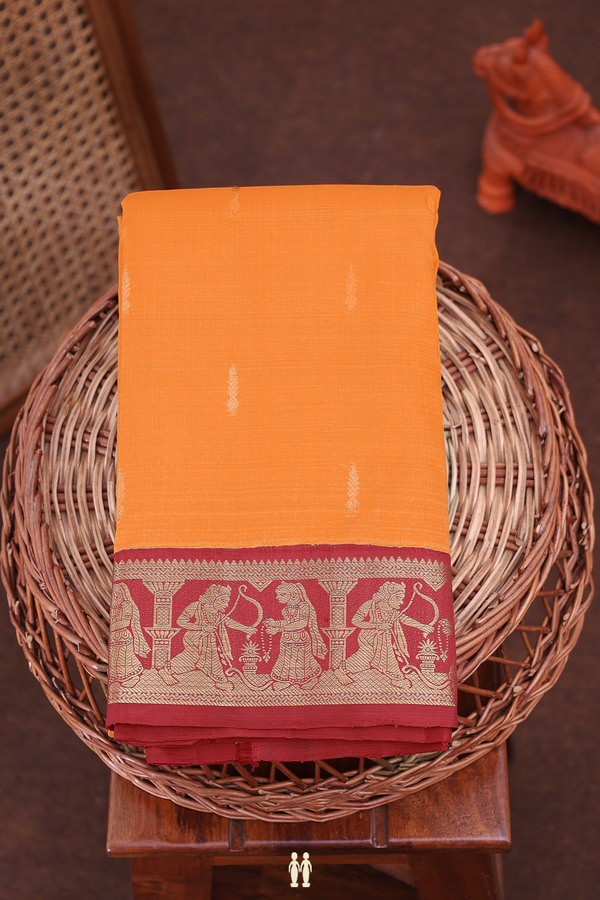 Kanchipuram Silk Saree In Honey Orange With Zari Buttas