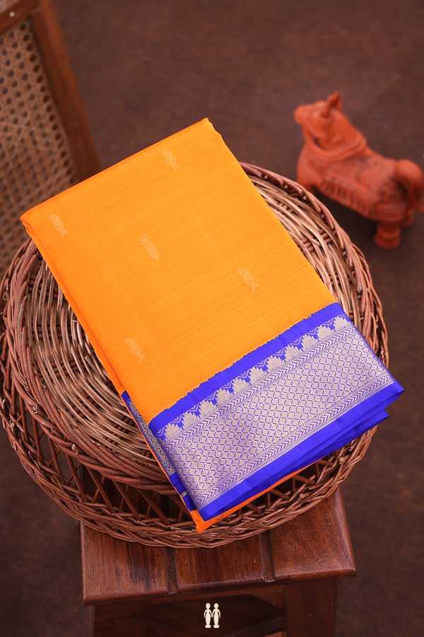 Kanchipuram Silk Saree In Royal Orange With Zari Buttas