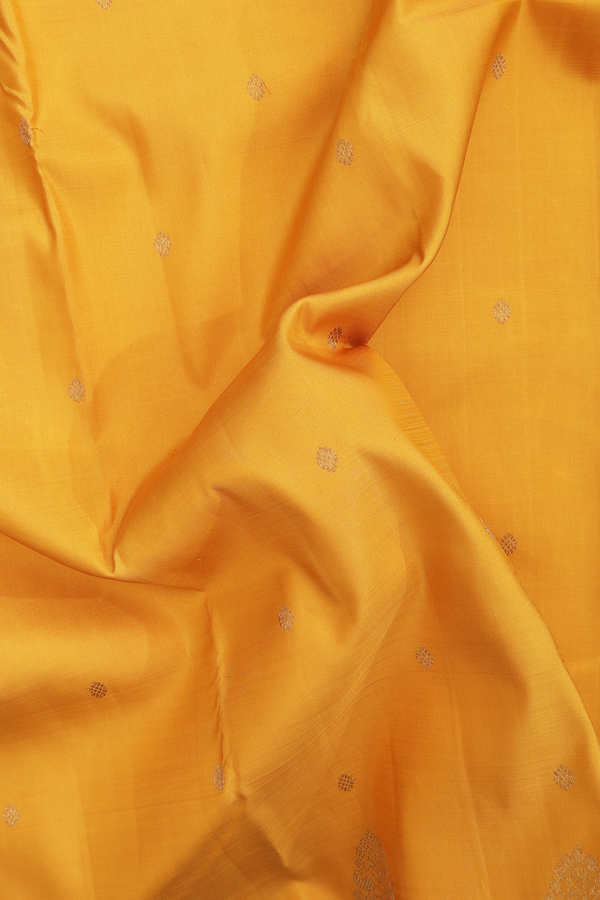 Kanchipuram Silk Saree In Mustard Yellow With Floral Buttas