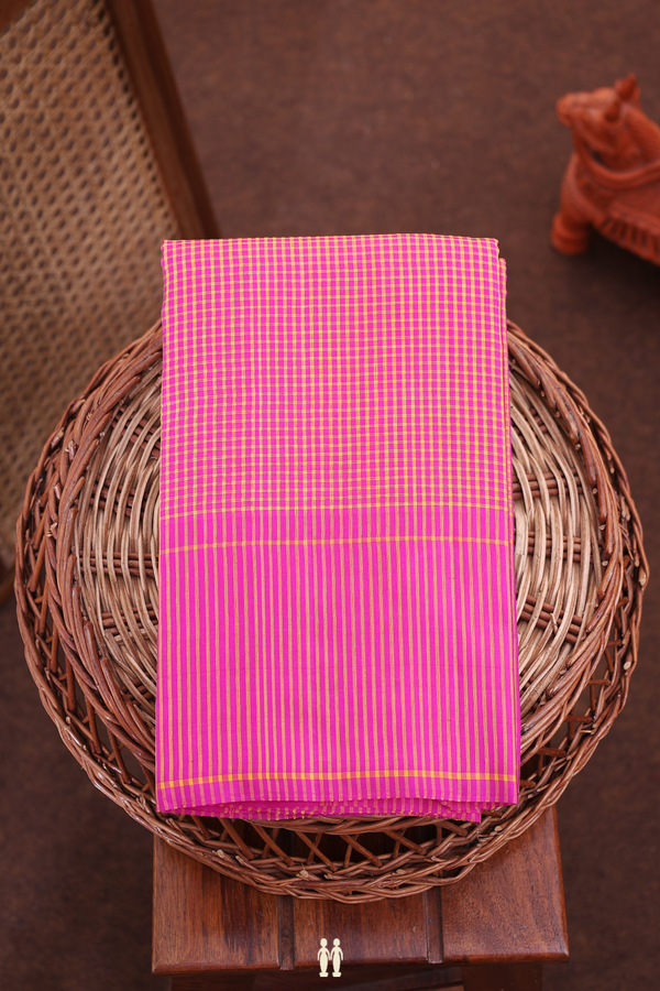 Koorainadu Silk Cotton Saree In Magenta And Orange With Checks