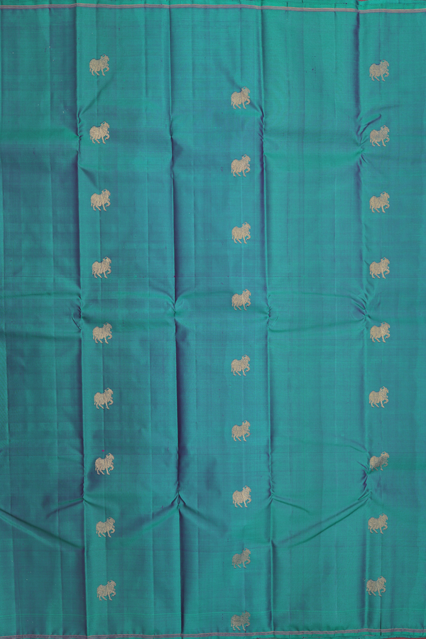 Kanchipuram Silk Saree In Peacock Green With Zari Buttas