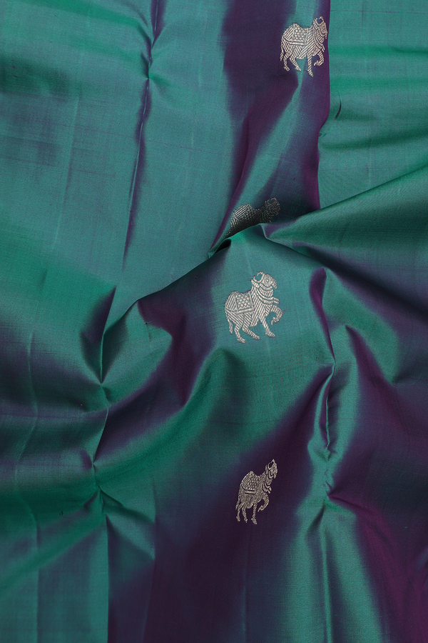 Kanchipuram Silk Saree In Peacock Green With Zari Buttas