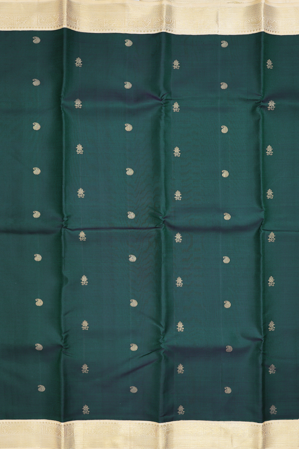 Kanchipuram Silk Saree In Dark Green With Paisley Buttas