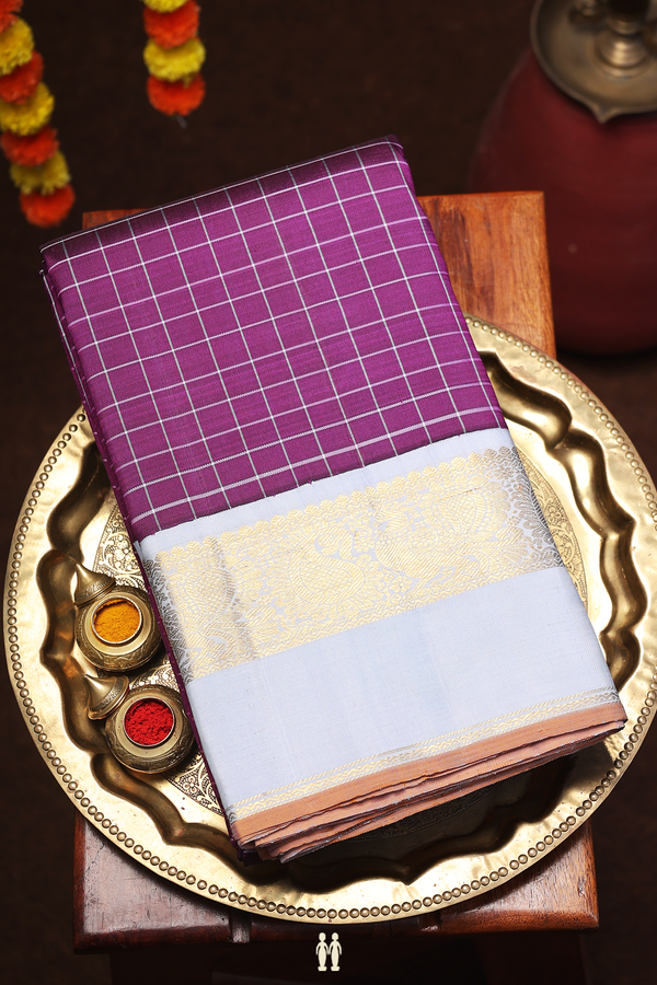 Kanchipuram Silk Saree In Grape Purple With Checks Design