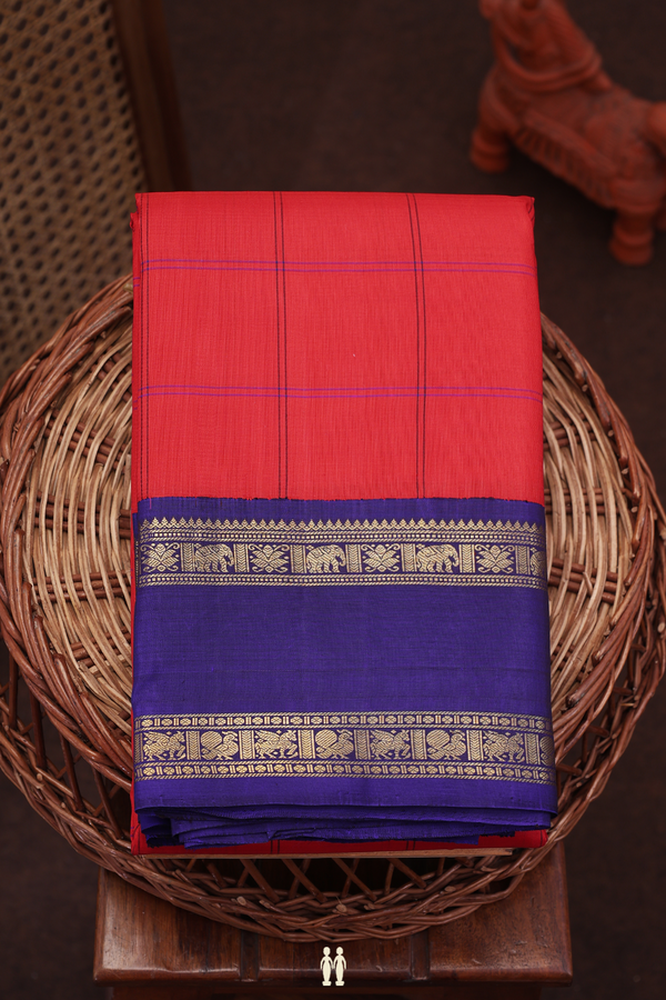 Kanchipuram Silk Saree In Scarlet Red With Checks Design