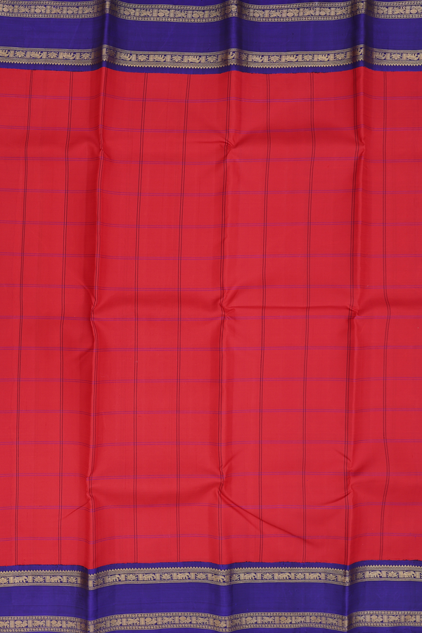 Kanchipuram Silk Saree In Scarlet Red With Checks Design