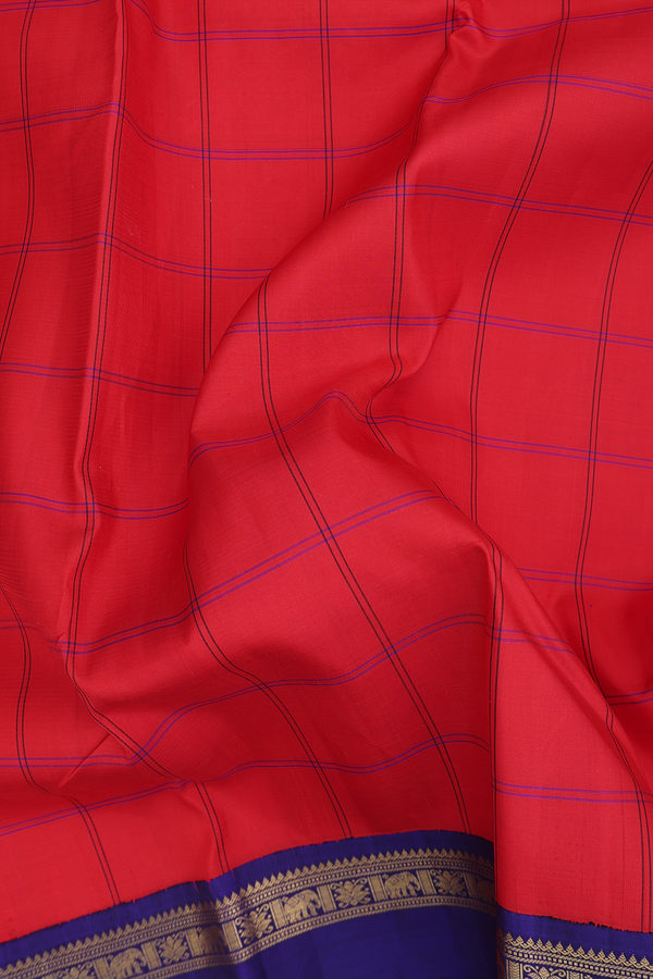 Kanchipuram Silk Saree In Scarlet Red With Checks Design
