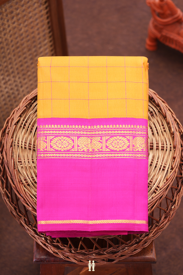 Kanchipuram Silk Saree In Saffron Yellow With Checks Design