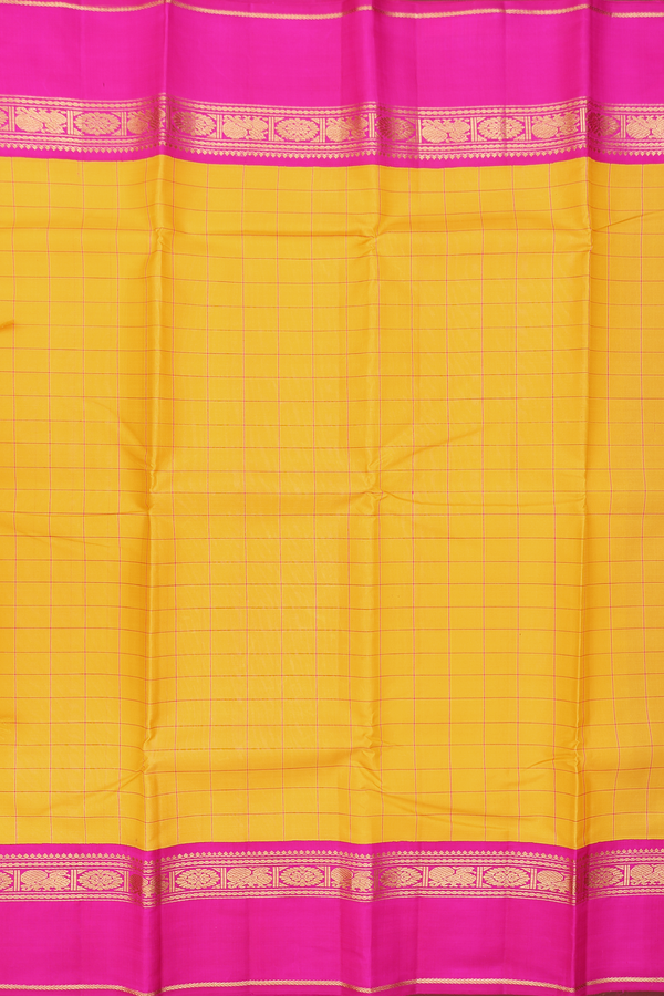 Kanchipuram Silk Saree In Saffron Yellow With Checks Design