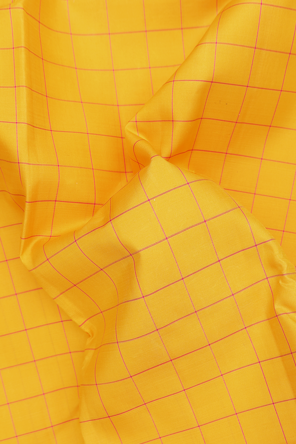 Kanchipuram Silk Saree In Saffron Yellow With Checks Design