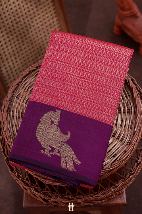 Kanchipuram Silk Saree In Pink With Stripes Design
