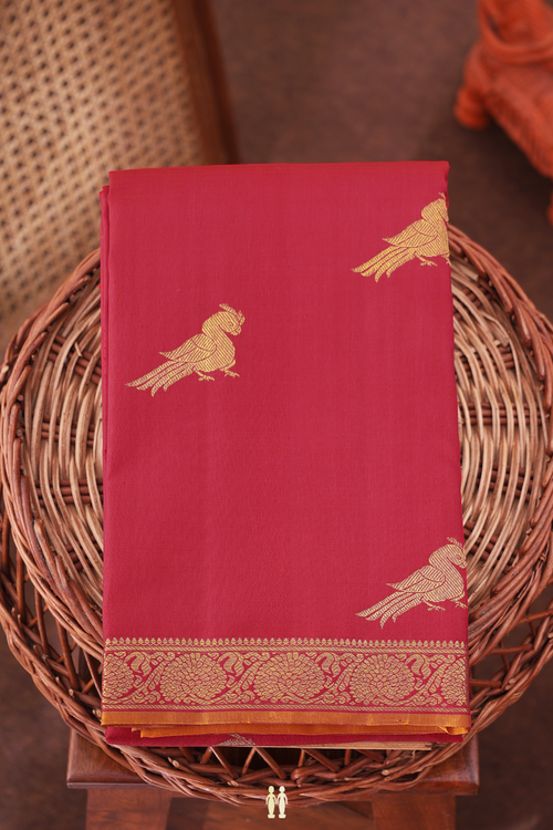 Kanchipuram Silk Saree In Scarlet Red With Peacock Buttas