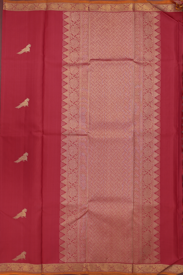 Kanchipuram Silk Saree In Scarlet Red With Peacock Buttas