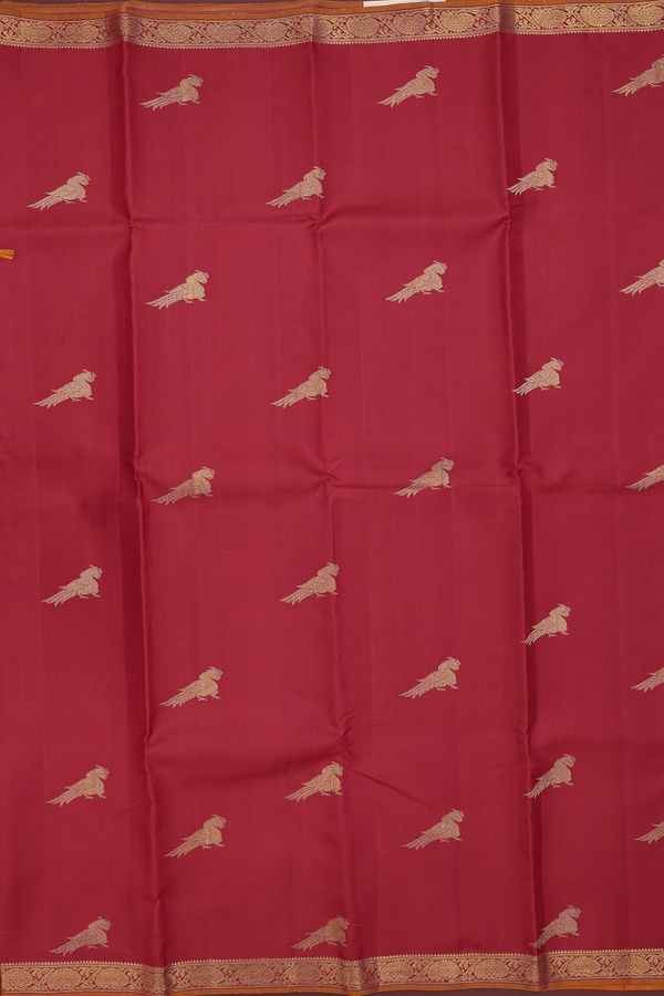 Kanchipuram Silk Saree In Scarlet Red With Peacock Buttas