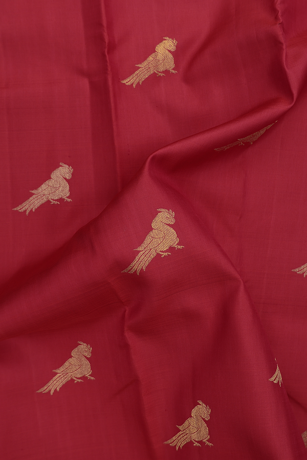 Kanchipuram Silk Saree In Scarlet Red With Peacock Buttas