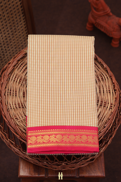 Kanchipuram Silk Saree In White And Brown With Checks Design