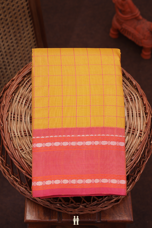 Kanchipuram Silk Saree In Ochre Orange With Checks Design