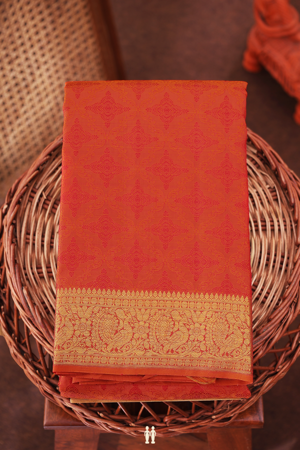 Kanchipuram Silk Saree In Orange With Jacquard Pattern