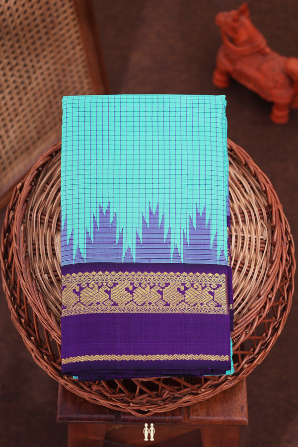 Kanchipuram Silk Saree In Sky Blue With Checks Design