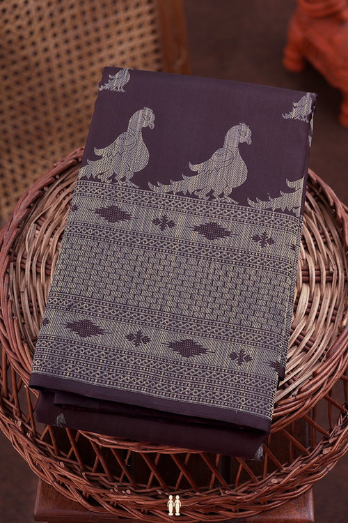 Kanchipuram Silk Saree In Deep Purple With Peacock Buttas