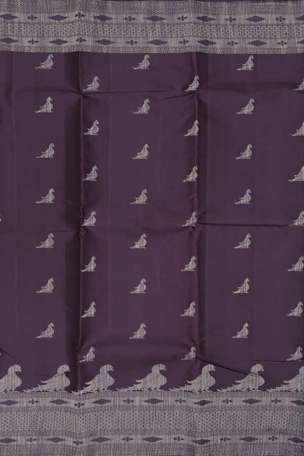 Kanchipuram Silk Saree In Deep Purple With Peacock Buttas