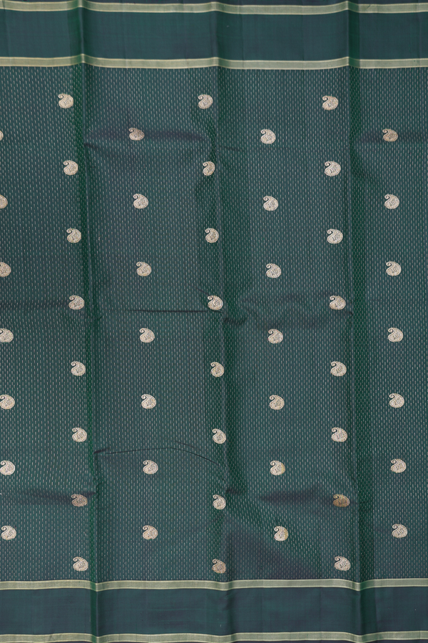 Kanchipuram Silk Saree In Dark Green With Paisley Buttas