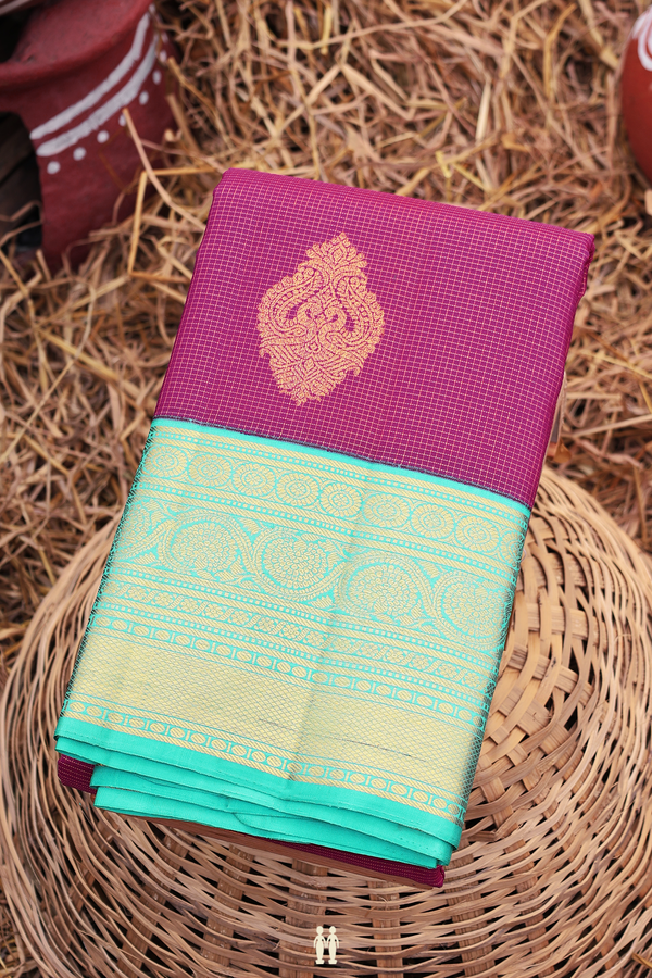 Kanchipuram Silk Saree In Purple Rose With Checks Design