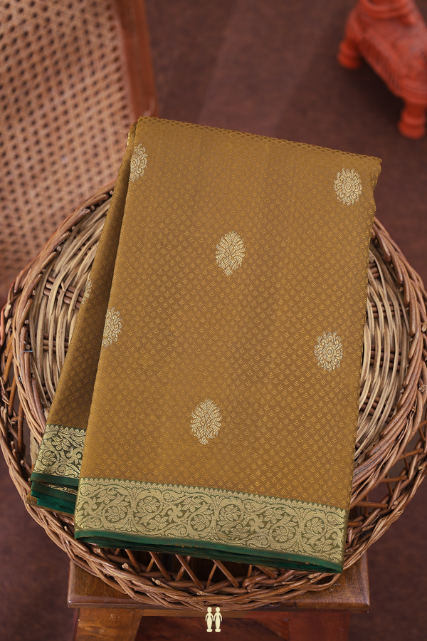 Kanchipuram Silk Saree In Greenish Brown With Jacquard Pattern