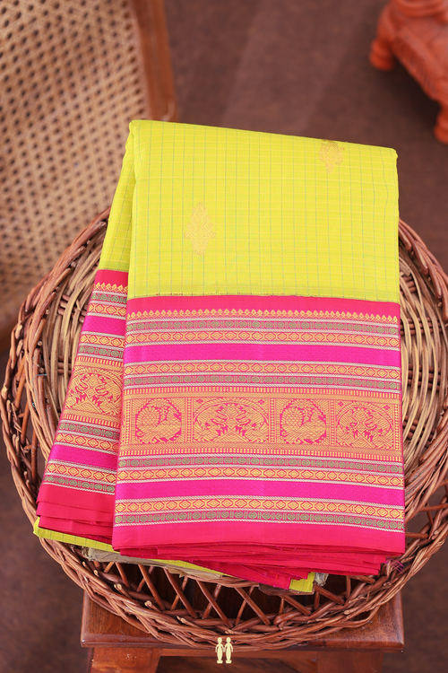 Kanchipuram Silk Saree In Pear Green With Checks Along Buttas