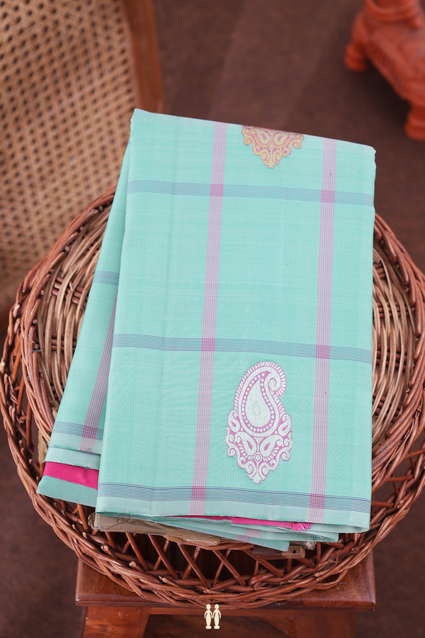 Kanchipuram Silk Saree In Turkish Blue With Checks Design