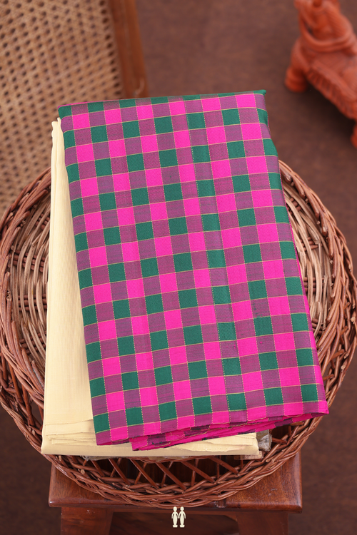 Kanchipuram Silk Saree In Plain Beige With Big Checks Border